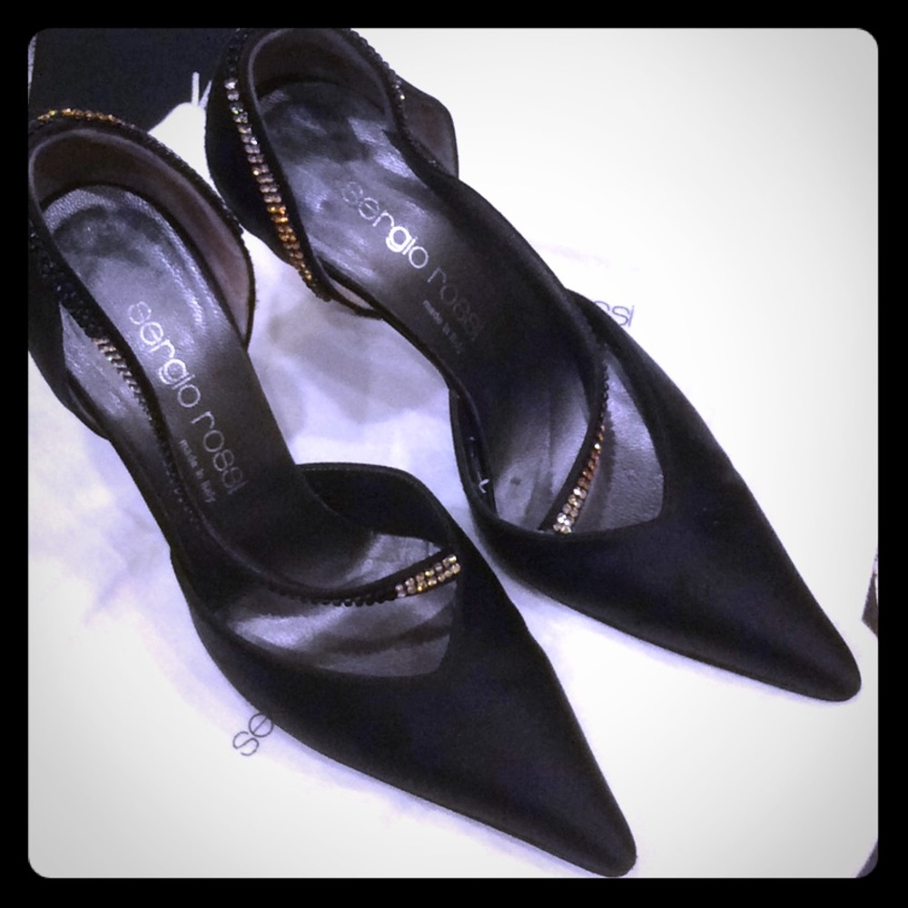 Black satin, crystal pumps